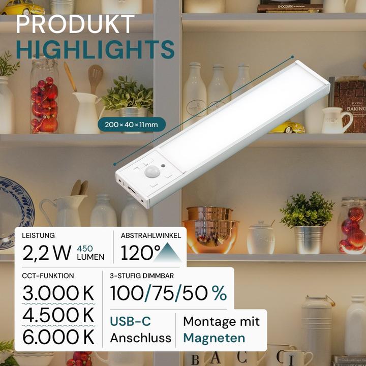 Produktbild Luxula LED-Schrankleuchte mit Bewegungsmelder, 2,2W, 450lm, CCT, IP20, dimmbar, silber, 20cm (70 lm)