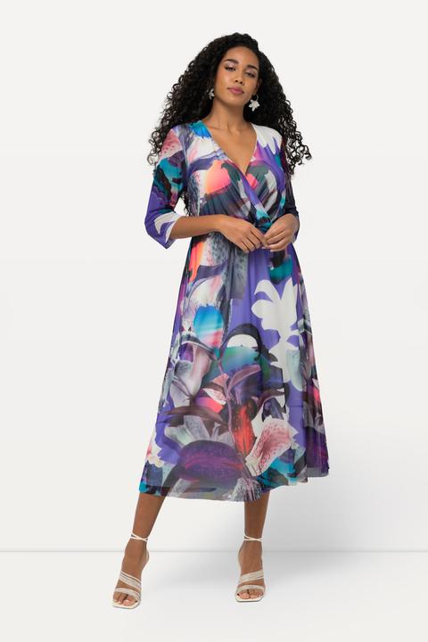 Produktbild Ulla Popken Meshkleid, Blüten, Wickeloptik, V-Ausschnitt, 3/4-Arm (46, 48)