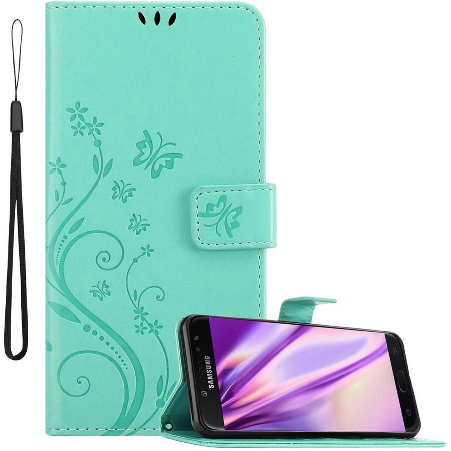 Cadorabo Flower Book Cover (Samsung Galaxy J7 2018), Smartphone Hülle, Türkis