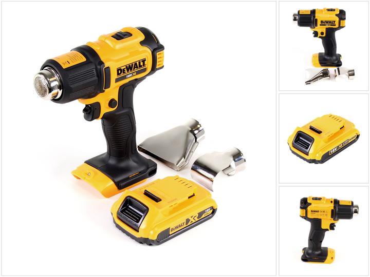 1x pistola ad aria calda a batteria DeWalt DCE 530 N 18V - 1x ugello per superfici - 1x ugello per riflettori - 1x batteria ricaricabile DeWalt 2.0 Ah