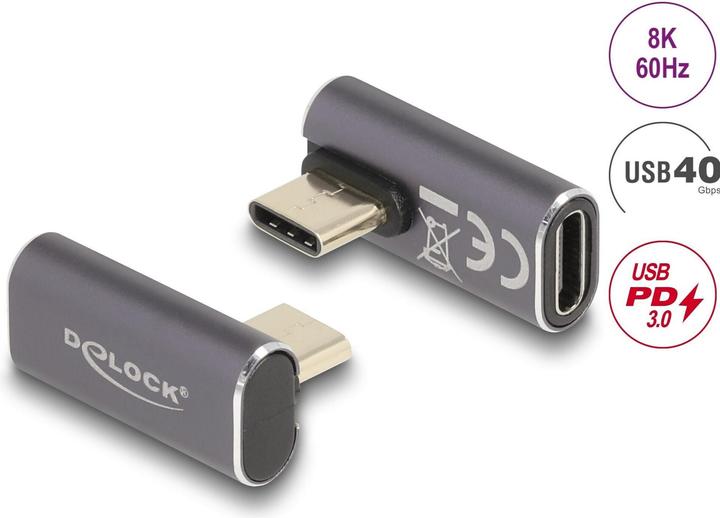 Produktbild Delock USB Adapter 40 Gbps USB Type-C PD 3.0 100 W Stecker zu Buchse gedreht gewinkelt links / recht (USB Typ-C, 2.50 cm)