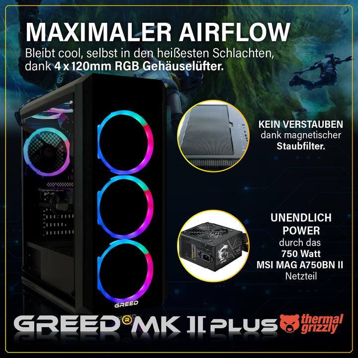 Produktbild Greed MK2 INTEL PLUS - Gaming PC - RX 9060XT (1000 GB, 32 GB, Intel Core i7-12700F, Radeon RX 9060 XT)