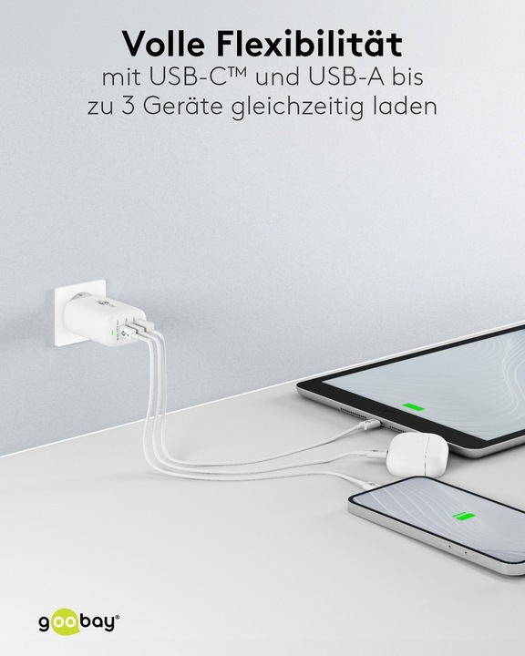 Immagine prodotto Goobay Caricabatterie rapido USB-C PD a 3 vie multiport 65 W bianco (65 W)