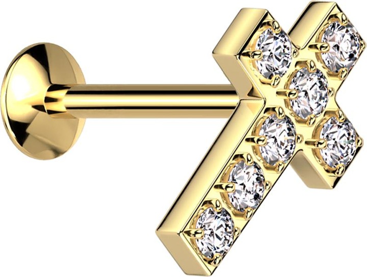 Actual product image Star Piercing Micro Threadless UFO Labret vergoldet Kreuz vergoldet Kristalle silber (Surgical steel 316L)