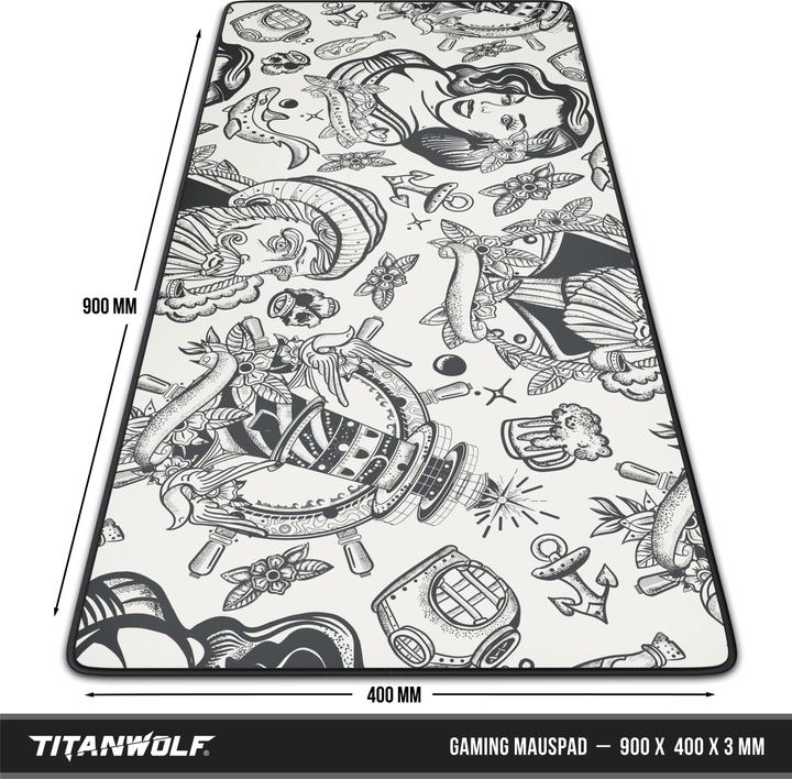 Produktbild Titanwolf Gaming Mauspad, 900 x 400mm XXL Mausmatte, verbessert Präzision & Geschwindigkeit, Sailor Tattoo (XXL)