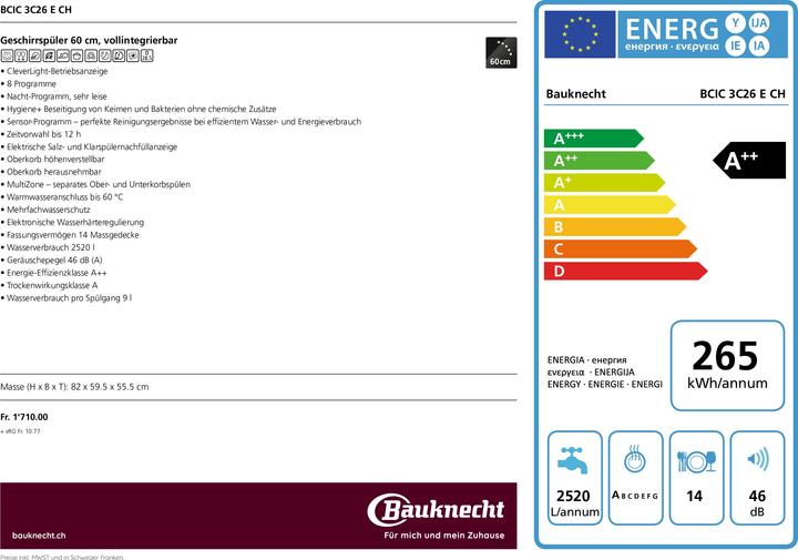 Label énergétique Bauknecht Bcic 3c26 E Ch