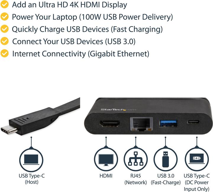 Produktbild StarTech USB C Multiport Adapter mit HDMI - 4K - Mac / Windows - 1xA + 1xC - 100W PD 3.0 - GbE (USB-C, 3 Ports)