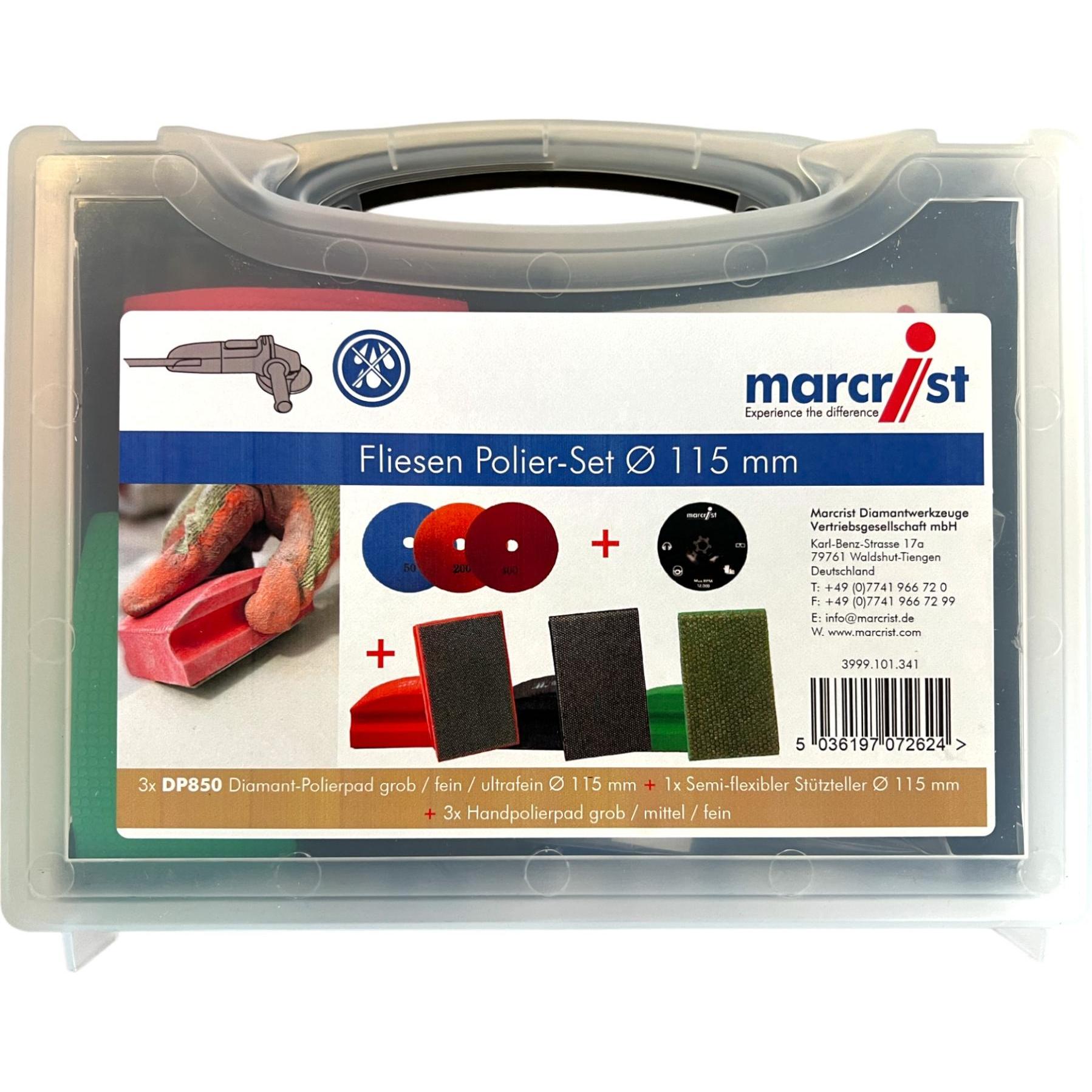 Marcrist, Schleifmittel, Fliesen-Polier Set 115mm + 1x Klett-Stützteller + 3x Klett-Diamantscheibe + 3x