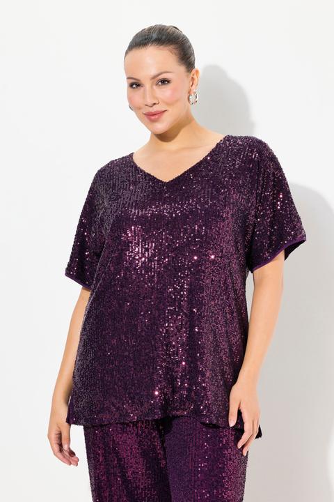 Produktbild Ulla Popken Pailletten-Shirt, Oversized, V-Ausschnitt, Halbarm (42, 44)