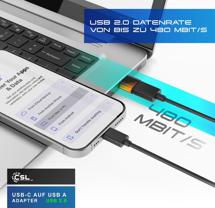 Produktbild CSL Adapter Stecker USB-A auf USB-C Buchse, USB 2.0, 480 Mbit/s Transfer, für Handy & Tablet, Plug&Play (USB Typ-C)