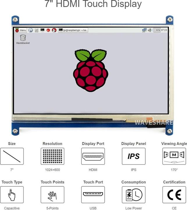 Actual product image WaveShare 7inch Capacitive Touch Display LCD (C) 1024×600 HDMI