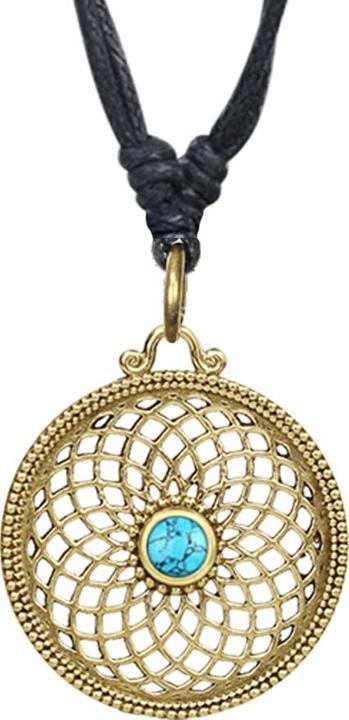 Chaotic Trading Halskette schwarz Anhänger vergoldet Blume des Lebens mit Türkis Stein (Messing, Mineralisch)