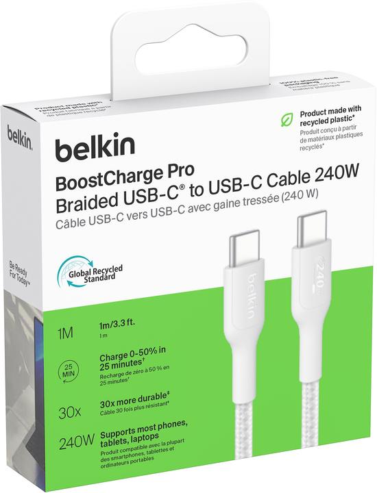 Produktbild Belkin USB-C TO USB-C 240W 2.0 BRAIDED PCR 1M WHITE (1 m, USB 2.0, 240 W)