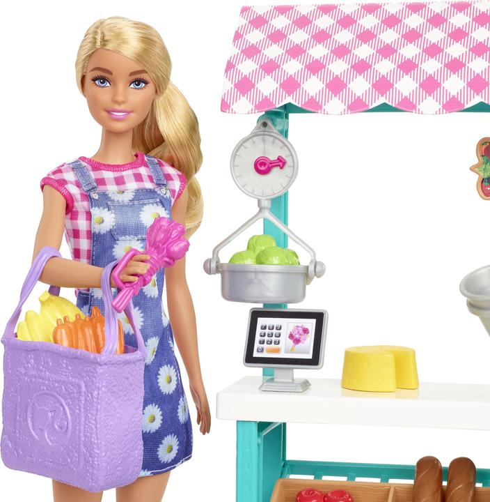 Produktbild Barbie Bauernmarkt-Spielset "Spass auf dem Bauernhof", -Puppe (blond), Marktstand, Acker, Gemüse, Brot