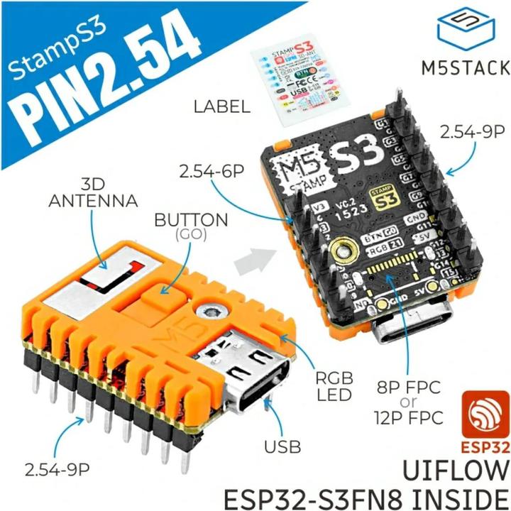 Produktbild M5Stack M5StampS3 ESP32S3 Modul mit 2.54 Header Pin