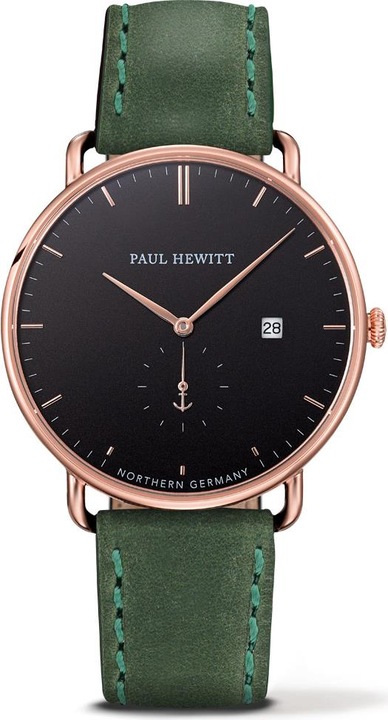 Immagine prodotto Paul Hewitt Linea Grand Atlantic Nero Mare Oro Rosa Pelle Verde (Orologio da polso analogico, 42 mm)