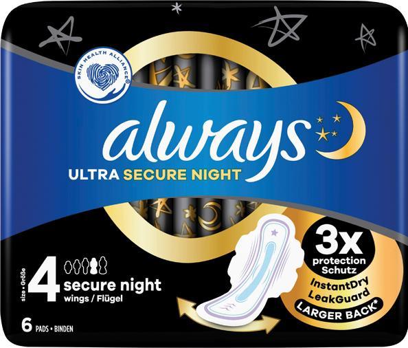 Always Ultra Dünne Binde Secure Night mit Flügeln (7 x, Damenbinden)