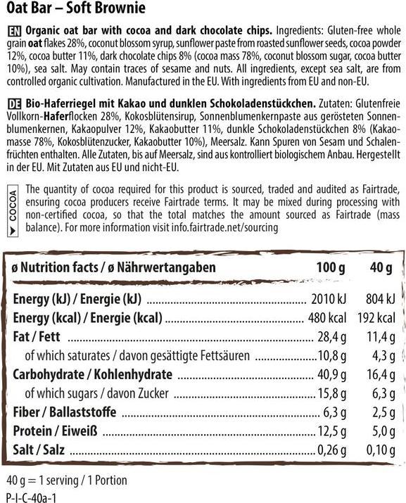 Nährwerte und Zutaten Naturally Pam Bio Oat Bar - Soft Brownie (1 Stk., 41 g)