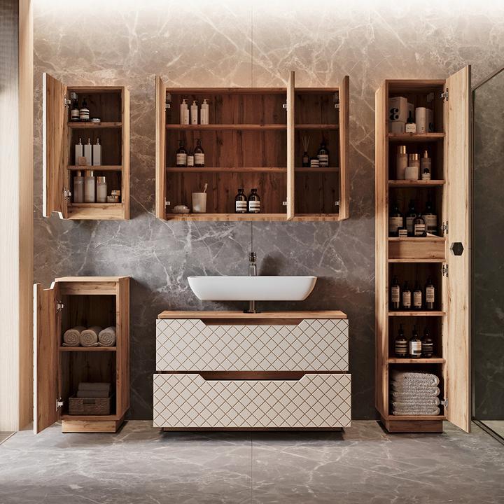 Actual product image Vicco Waschbeckenunterschrank Lotta, Eiche/Kaschmir mit Kachelstruktur, 99.4 x 62.5 cm mit 2 Schubladen (99.40 x 32 x 62.50 cm)