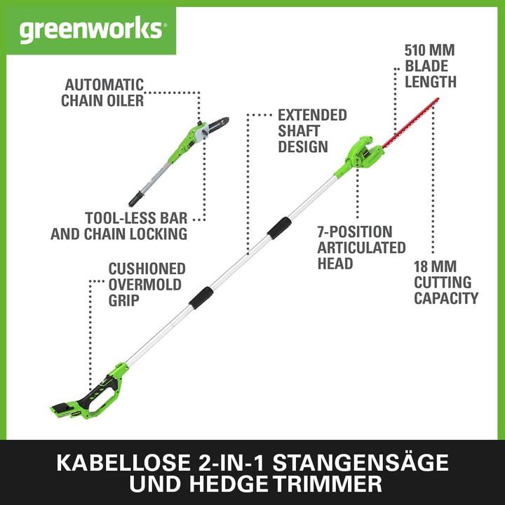 Actual product image Greenworks G24PSHK2 2-in-1 battery hedge trimmer incl. battery 2Ah and charger (Cordless hedgecutters)