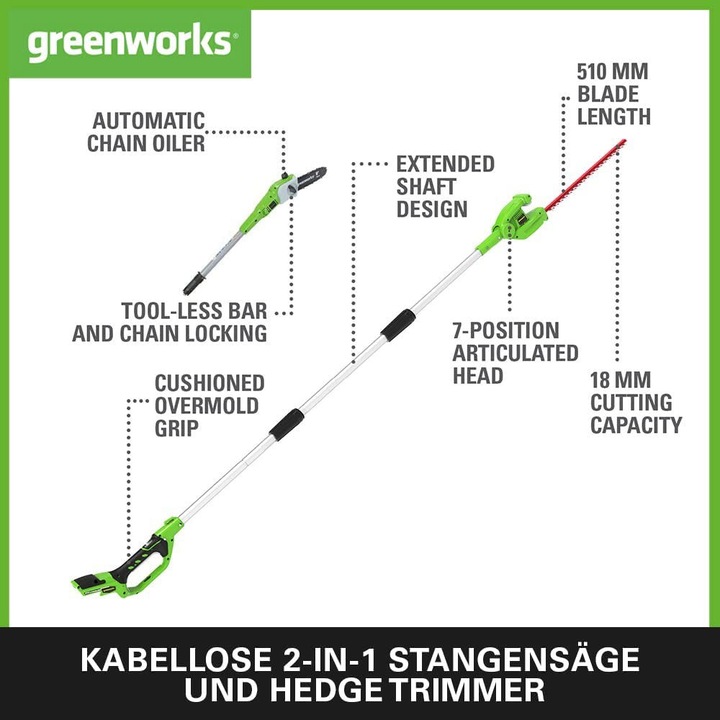 Immagine prodotto Greenworks Tagliasiepi a batteria 2 in 1 G24PSHK2 con batteria da 2Ah e caricabatteria (Tagliasiepi a batteria)