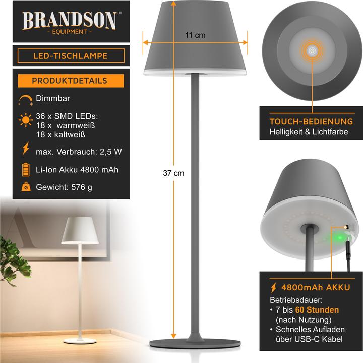 Image du produit Brandson LED Tischleuchte aus Metall, mit Akku, Kabellos, Touch, dimmbar, Dimmfunktion, Schreibtischlampe
