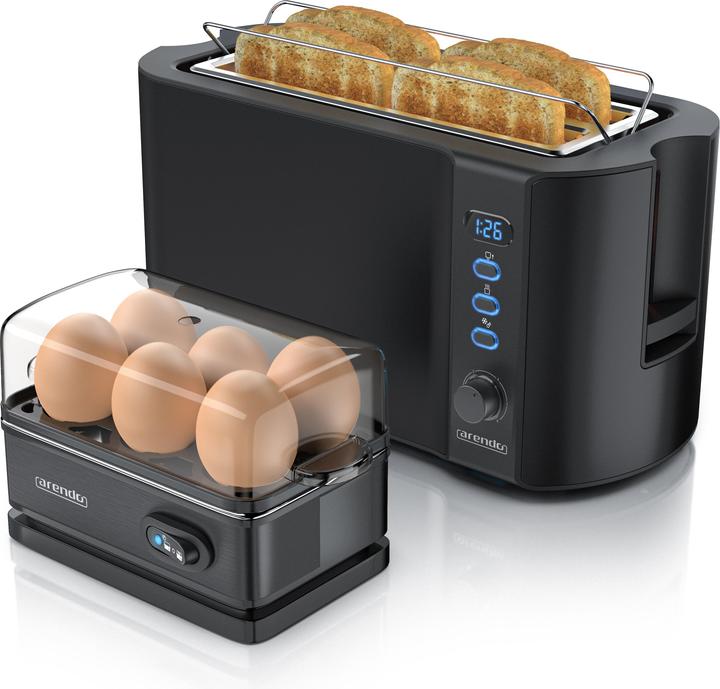 Produktbild Arendo Frühstücks Set, 4 Scheiben Langschlitz Toaster mit Brötchenaufsatz & Eierkocher für 6 Eier, Schwarz