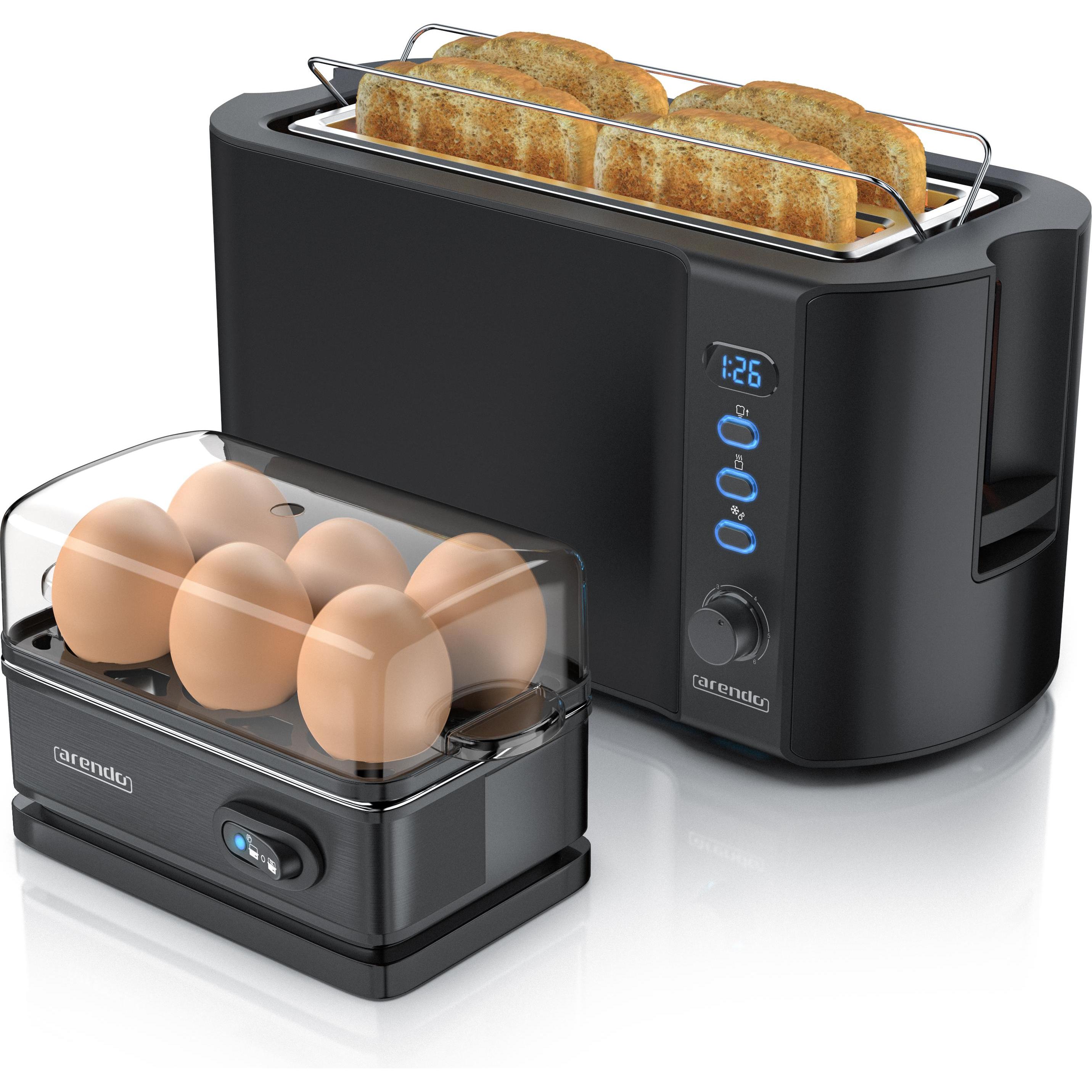 Arendo Frühstücks Set, 4 Scheiben Langschlitz Toaster mit Brötchenaufsatz & Eierkocher für 6 Eier, Schwarz, Toaster, Gra...
