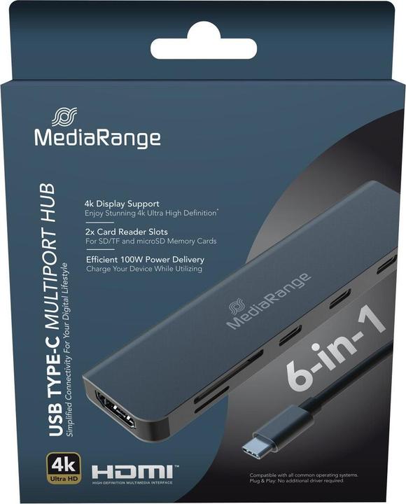 Produktbild MediaRange USB Type-C® 6 in 1 Multiport Adapter, silber (USB-C, 6 Ports)