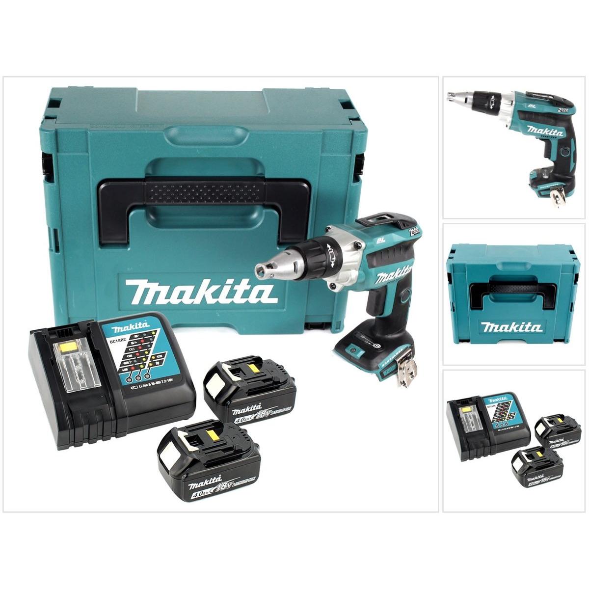 Makita, Bohrmaschine + Akkuschrauber, DFS 250 RMJ Akku Trockenbauschrauber 18 V Brushless + 2x Akku 4,0 Ah + Ladegerät +...