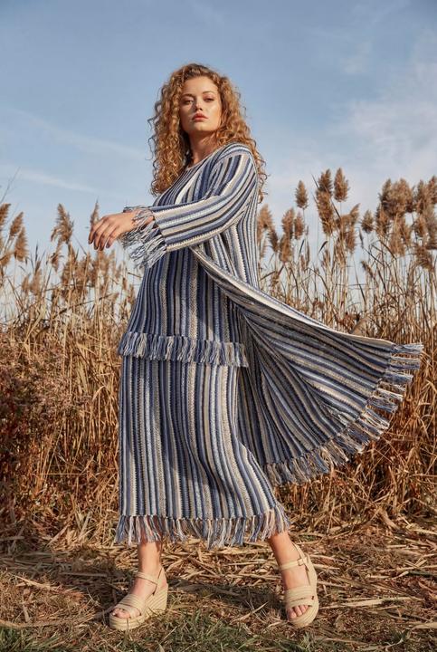 Produktbild Ulla Popken Long-Strickjacke, Ajourstreifen, Fransen, 3/4-Arm (50)