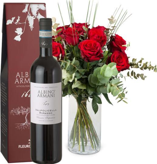 Fleurop 12 rote Rosen mit Grün und Ripasso Albino Armani DOC (75 cl)