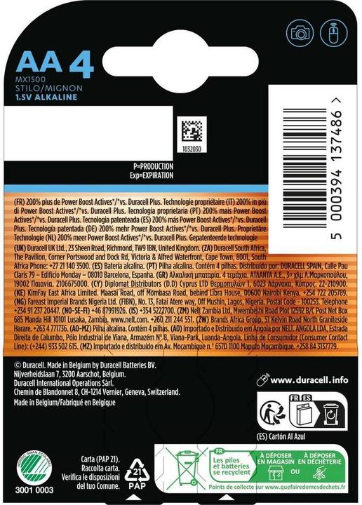 Immagine prodotto Duracell Pile Optimum 4-pack AA (4 pz., AA / LR6 / LR06 / Mignon / R6 / R14505)