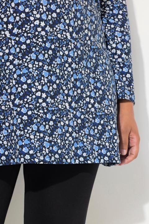 Image du produit Ulla Popken T-shirt long à motif, coupe évasée, col en V et manches longues (68)