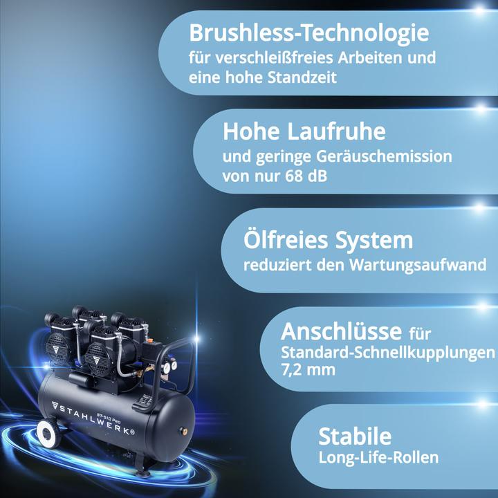 Immagine prodotto Stahlwerk Compressore ST-510 Pro 10 bar 4,3 hp 3,2 kW 420 l/min 50 l serbatoio senza olio (10 bar, 50 l)