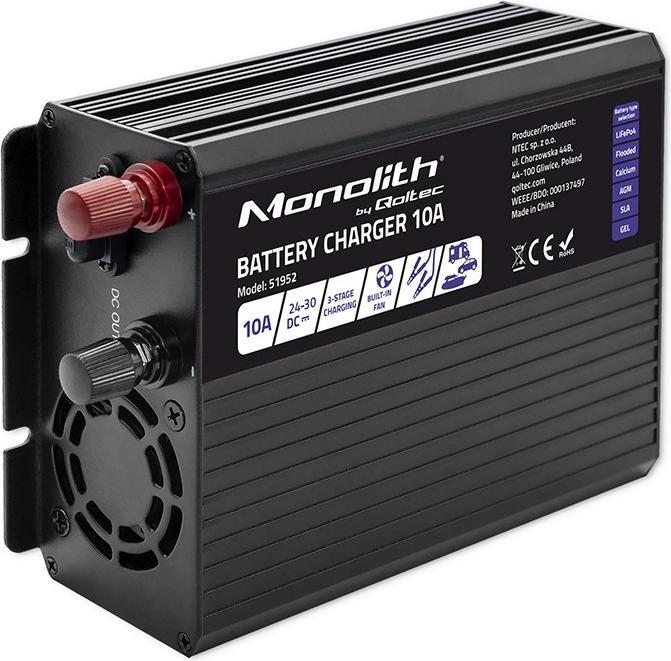 Actual product image Qoltec Smart Monolith battery charger for LiFePO4 AGM GEL SLA batteries | 10A | 24V (24V, 10 A)