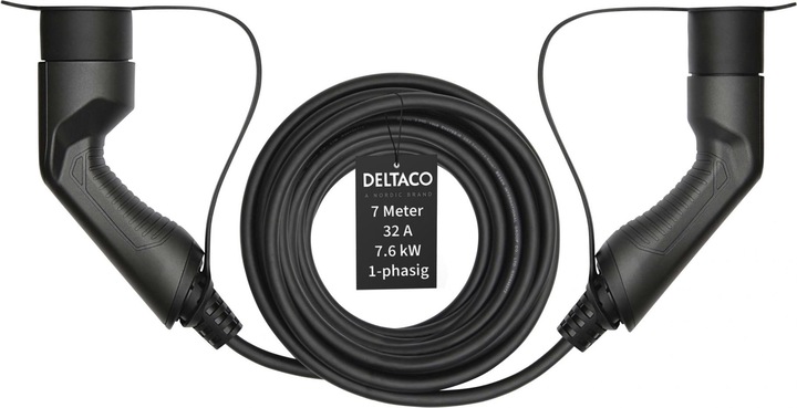 Actual product image Deltaco EV charging cable, e-car & hybrid, Type2 to Type2, 32 A, 7.6 kW, 1-phase (Type 2, 7.60 kW, 32 A, 7 m)