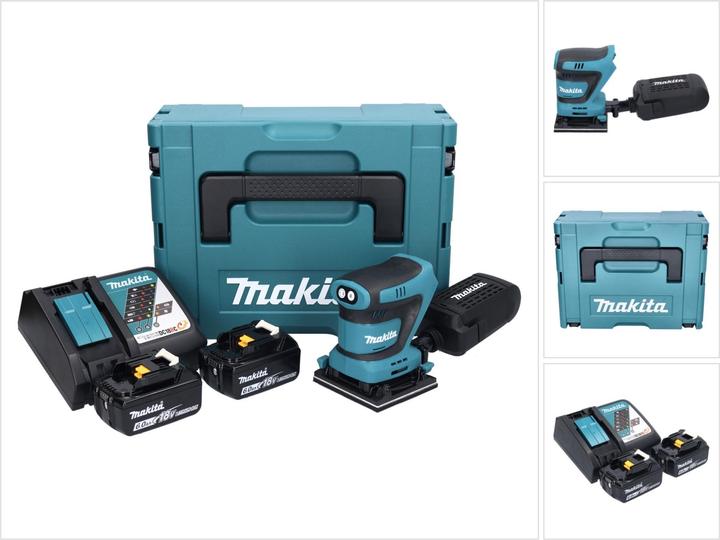 1x Makita DBO 480 Akku Schwingschleifer, 1x Staubbox, 2x Makita BL 1860 B 18 V 6,0 Ah Akku, 1x Makita DC 18 RC Akku Schnell Ladegerät 7,2 V - 18 V, 1x Makpac, 1x Universaleinlage