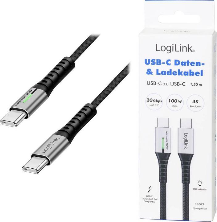 Image du produit LogiLink USB 3.2 Gen2x2 Type-C-Kabel, C/M zu C/M, 20 Gbit/s, 100W, 4K, LED, Metall, schwarz, 1,5 m (1.50 m, USB 3.2 Gen 2x2, 100 W)