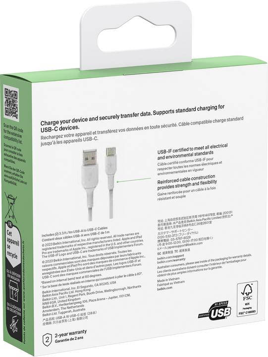 Produktbild Belkin USB-A to USB-C PVC White 1m Twin Pack (1 m, USB 2.0)