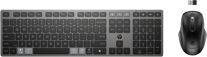 Immagine prodotto HP Combinazione di tastiera e mouse wireless ricaricabili multidispositivo 725, 499 g, 538 mm, 125 m (DE, Senza fili)