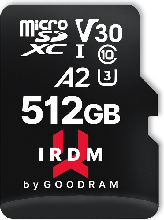 Image du produit Goodram IRDM microSDXC 512GB V30 UHS-I U3 + adaptateur (512 Go, microSDXC, U3, UHS-I)