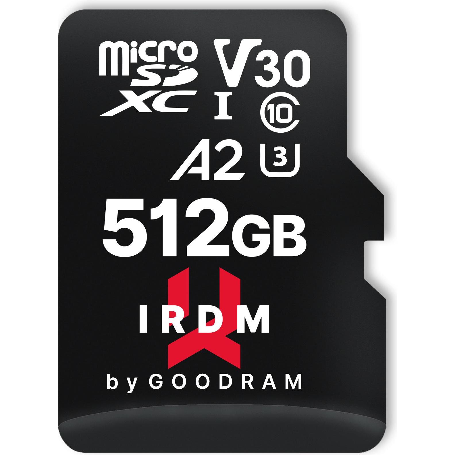 Thumbnail - Goodram IRDM microSDXC 512GB V30 UHS-I U3 + adapter (512 GB, microSDXC, U3, UHS-I), Speicherkarte, Schwarz