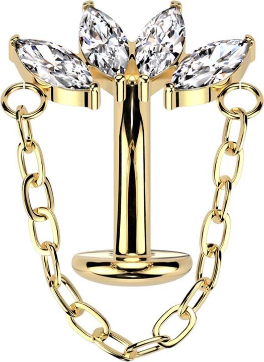 Actual product image Star Piercing Threadless Labret-Stab Banane vergoldet Fächer vier Kristalle silber mit Anhänger Kette (without brass, Titanium)