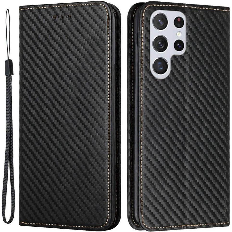 Cover-Discount Galaxy S23 Ultra - Carbon Look Flip Case Hülle schwarz (Samsung Galaxy S23 Ultra), Smartphone Hülle, Schw...