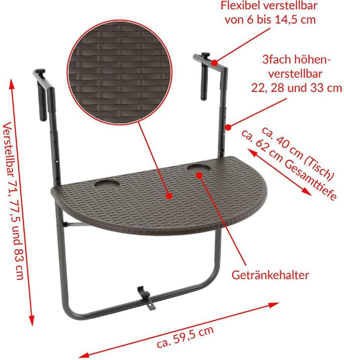 Produktbild VCM Balkonhängetisch Balkontisch Wandklapptisch Hängetisch stabil 59 x40 cm braun (59 x 40 x 83 cm)