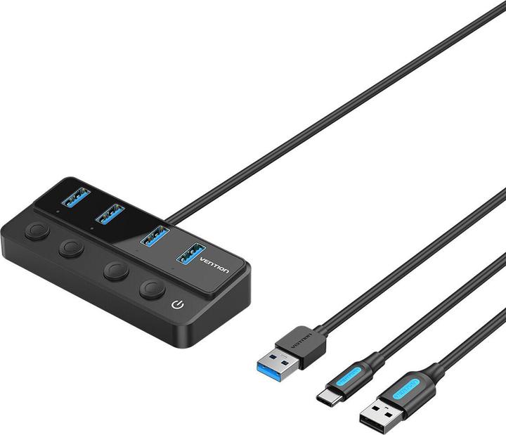Vention USB 3.0 to USB 3.0 x4+USB C Hub With Individual Power Switches 1M Black (USB-A, 5 ports)