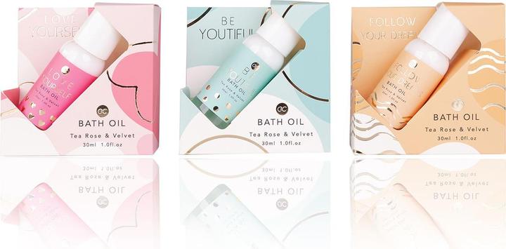 Produktbild Accentra Badeöl BEAUTY TREATS in Flasche inkl. Geschenkbox, 30ml, 3 Motive sortiert, Duft: Tea Rose & Velvet (30 ml, Badeöl)
