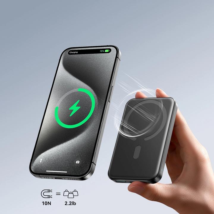 Actual product image Joyroom Powerbank JR-W020 Mini 5000mAh USB-A USB-C inductive 20W - black + USB-C / USB-C cable (5000 mAh, 20 W, 18.50 Wh)