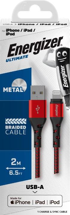 Actual product image Energizer Metal / braided nylon cable - Lightning - 2m, red (2 m, USB 3.2 Gen 1)
